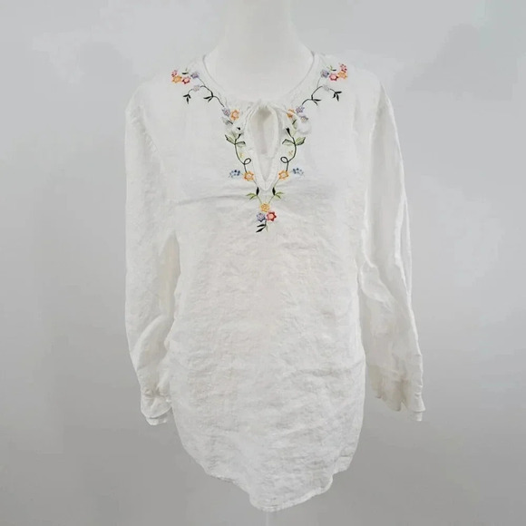 Talbots Tops - Talbots White Irish Linen Blouse Embroidered Ruffle Sleeve Womens Size Large